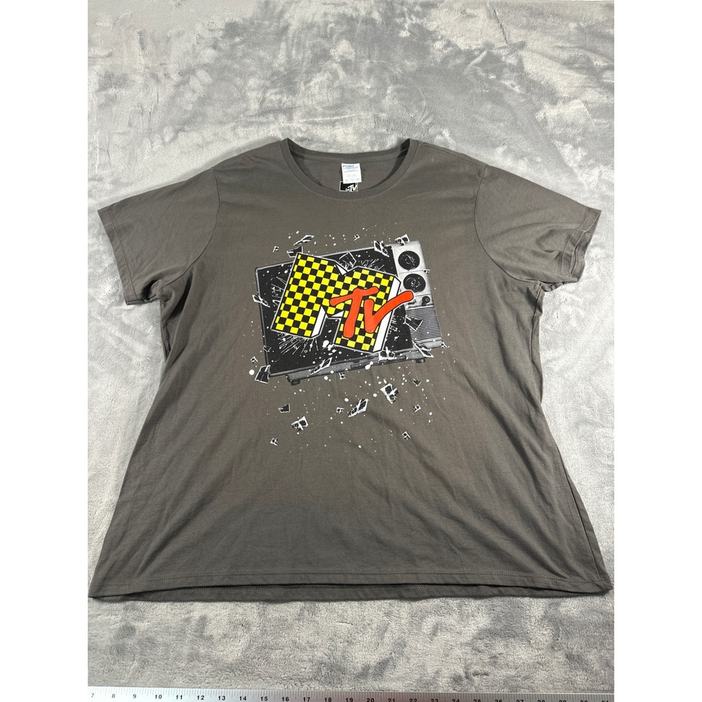MTV Music Television Graphic T-Shirt Gray Checkered Logo XXL Ladies Retro 90s